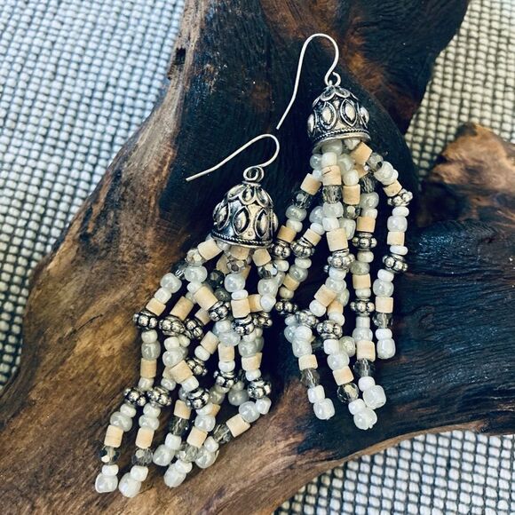 Boho Coastal White Ivory Beaded Silver Earrings - Picture 1 of 3